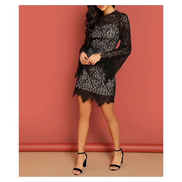Black Long Sleeve Lace Overlay Cocktail Dress - Picture 5 of 6